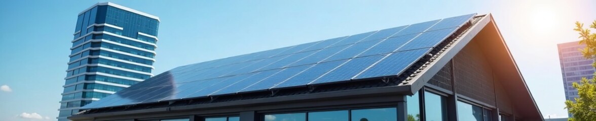 Solar panels on rooftop of modern office building, representing eco-friendly business, eco-friendly, environment