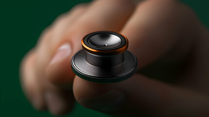 A hand delicately holds a stethoscope against a green background