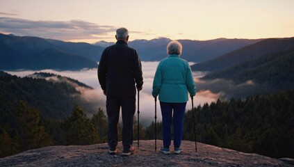 **Golden Years View:** A senior couple stands united, gazing at a breathtaking mountain panorama during a serene morning or evening, symbolizing their enduring bond. The air is filled with peace.