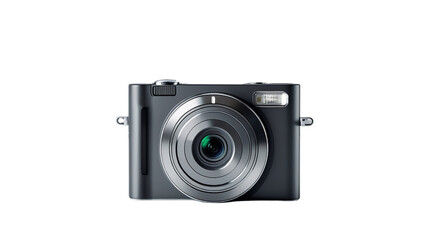 A sleek, modern black camera with a transparent background, featuring a silver lens, perfect for capturing vibrant moments and memories.