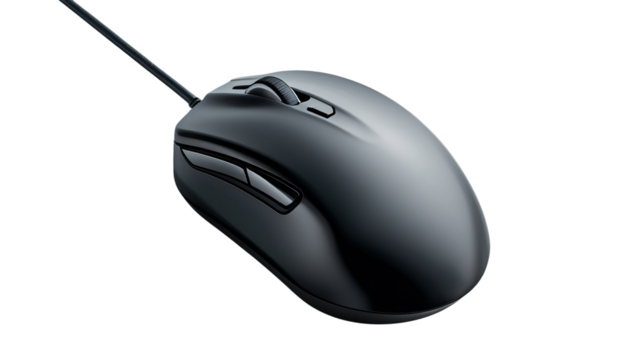 Sleek black computer mouse with a transparent background, featuring an ergonomic design for comfort and precision.