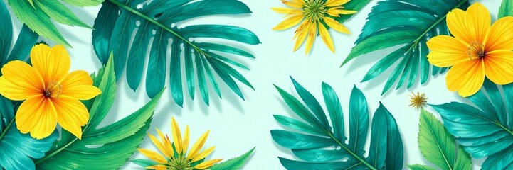 Obraz premium Tropical inspired pattern with teal leaves and yellow flowers, foliage, plant