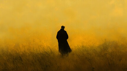 Solitary Figure in a Golden Field at Sunset