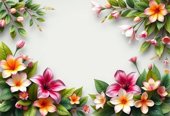 Obraz premium Elegant floral frame banner template with blooming flowers and lush leaves, flowers, vintage