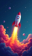 Vector illustration of rocket launching into space with clouds of smoke and flames, launch, sky, illustration