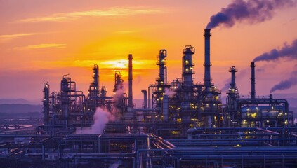 Industrial Sunset: A large industrial facility with billowing smokestacks stands silhouetted against a fiery sunset.