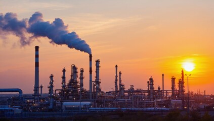 Industrial Silhouette at Sunset: A sprawling industrial complex, silhouetted against a vibrant sunset, exhaling plumes of smoke into the atmosphere.