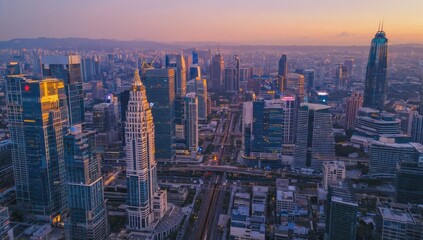 Cityscape at Dusk: A breathtaking aerial view of a modern cityscape at dusk, capturing the grandeur of skyscrapers, bustling streets, and a vibrant sky painted with the colors of sunset.