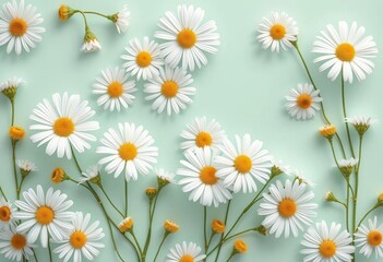 Obraz premium Delicate white daisies in a charming spring/summer pattern on a pastel mint background , pastel, floral