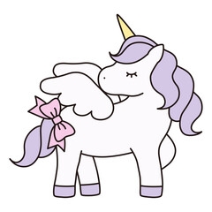 かわいいユニコーンのベクターイラスト。馬、動物、リボン、ドリーミー、羽、ペガサス、線