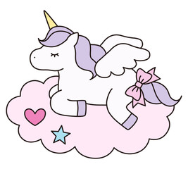 雲とかわいいユニコーンのベクターイラスト。馬、動物、リボン、ドリーミー、羽、ペガサス、線