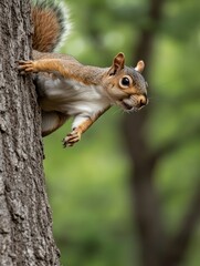 Obraz premium Squirrel clinging to tree trunk with lush green forest background