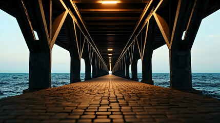 A long pier extends over the ocean with lights illuminating its span