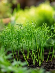 Emergence of Fresh Dill Seedlings in a Garden Setting Bathed in Sunlight