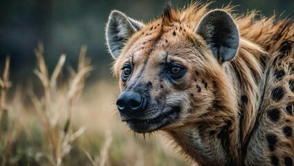 Obraz premium An up-close image of a hyena in the wild, emphasizing its unique and fierce appearance.