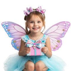 Fototapeta premium happy and smiling child girl wearing a butterfly fairy costume in pink and blue colors, holding a gift box, on a white background