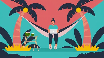 2D flat scene of a remote worker in a tropical co-working space with a hammock, laptop, and coconut drink