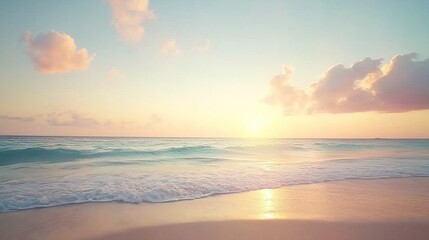 Obraz premium Peaceful sunrise over a calm ocean, with soft pastel colors painting the sky and the first light gently illuminating the horizon.