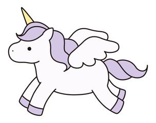 かわいいユニコーンのベクターイラスト。馬、動物、ドリーミー、羽、ペガサス、線