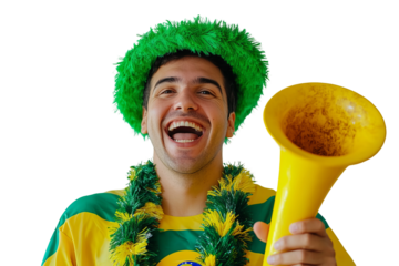 happy and smiling man wearing a Brazil national team fan outfit, holding a yellow and green horn, on a white background