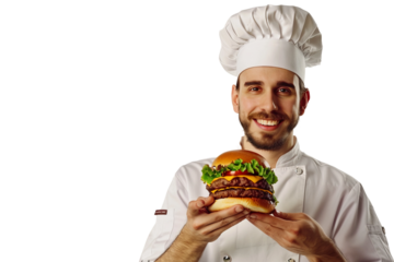a real, happy and smiling man, wearing a chef's outfit, holding a juicy and tasty cheeseburger, on a white background