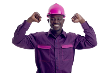 a real, happy and smiling man, wearing a dark purple construction outfit with dark pink details, wearing a construction helmet, with his arms up as if he was supporting a team, on a white background