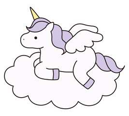 雲とかわいいユニコーンのベクターイラスト。馬、動物、リボン、ドリーミー、羽、ペガサス、線
