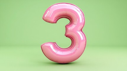 Pink Balloon Number Three on Soft Green Background Decor