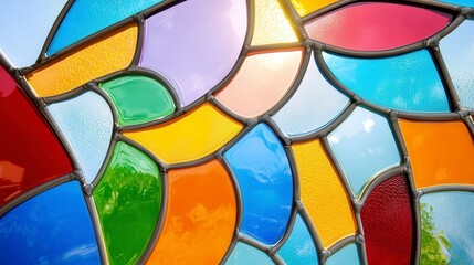 Colorful Stained Glass Window with Abstract Pattern and Light Reflection