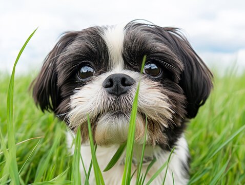 A cute little puppy dogh with a funny, mischievous face growing up.