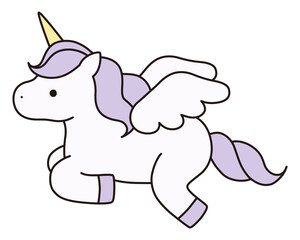 かわいいユニコーンのベクターイラスト。馬、動物、ドリーミー、羽、ペガサス、線