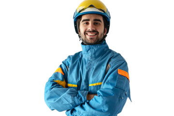 a real, happy and smiling man, wearing a helmet and blue construction suit with yellow details, with his arms crossed, on a white background