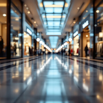Blurred Black Friday Big Sales, Modern Mall Shopping Center with Clothing Sale, Buyers, and Copyspace Design Background