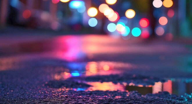Dark Neon Bokeh Wet Asphalt with City Lights Reflection, Blurred Night Background, Urban Puddles