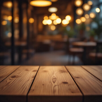 Empty Wood Table Top in Cozy Cafe Ambiance, Perfect for Food, Drink, and Lifestyle Photography