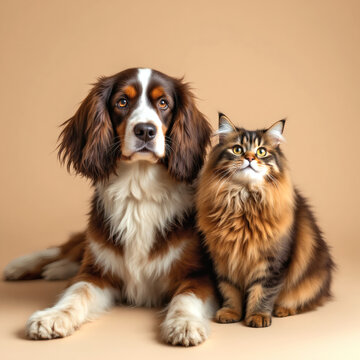 Adorable Russian Spaniel Dog and Scottish Straight Cat Portrait on Beige Wall, Perfect Pet Stock Photo with Copyspace