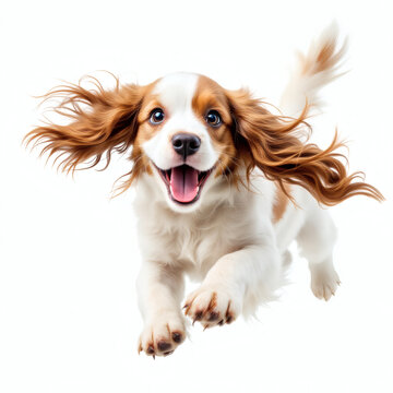 Playful Young English Cocker Spaniel Dog in Motion, Cute White-Brown Puppy Isolated on White