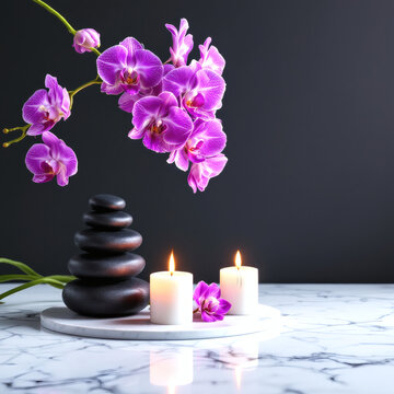 Relaxing Spa Scene with Massage Stones, Colorful Orchids, White Towels, and Lit Candles on Marble Floor