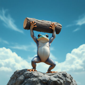 Surreal Realistic Frog Lifting Giant Trunk on Rock Under Blue Sky, Nature, Fantasy, Wildlife, Adventure, Unique Concept