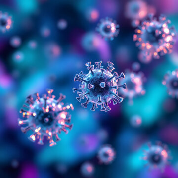 Vibrant Close-Up of Virus Particles on Colorful Abstract Background, Microbiology, Science, Health Concept