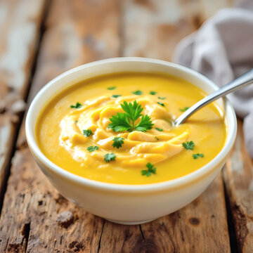 Creamy Chicken Soup with Fresh Parsley, Comfort Food, Healthy Meal, Homemade Recipe, Yellow Soup, Wooden Table Setting