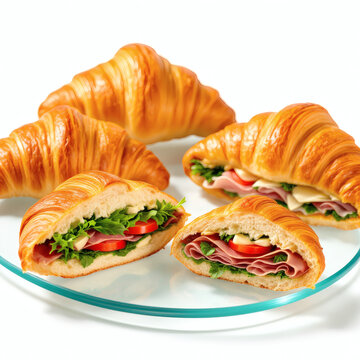 Delicious Croissant Sandwiches Variety of Flavors on Clear Backdrop, Perfect for Food Blogs, Menus, and Ads