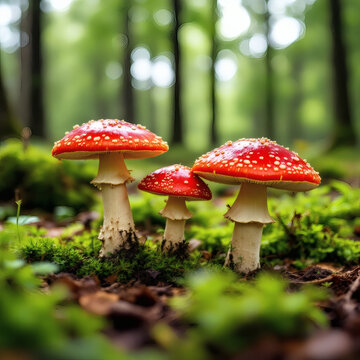 Vibrant Red Mushrooms in Lush Green Forest, Nature Photography, Fungi Close-Up, Forest Floor Beauty
