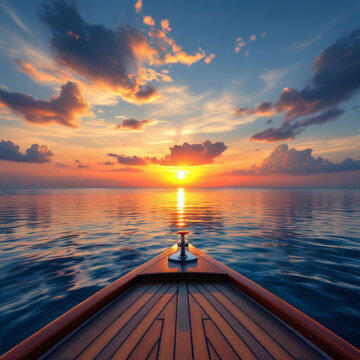 Serene Sunset Over Calm Waters, Peaceful Boat Bow View, Relaxing Nature Scene, Golden Hour Photography