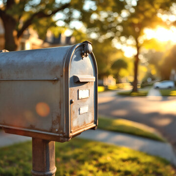 Serene Mailbox on Sunlit Residential Street, Detailed Texture, Peaceful Neighborhood, Home Life, Vintage Charm