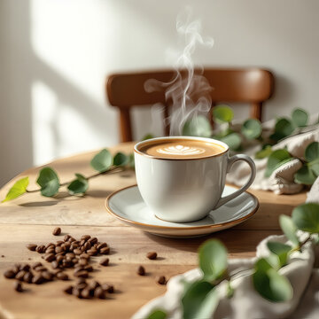 Fresh Morning Coffee with Green Leaves on Rustic Wooden Table, Minimalist White Wall Background