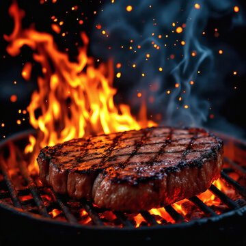 Sizzling Steak on Rustic Grill Fierce Flames, Juicy Perfection, and Mesmerizing Fire Cooking