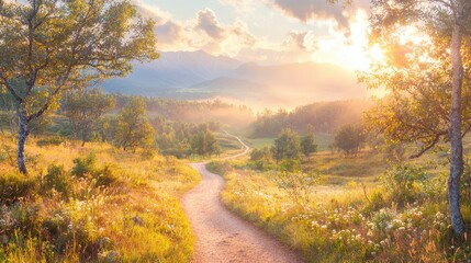 Serene Sunrise Over Misty Hills and Winding Nature Pathway