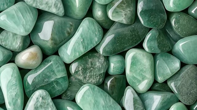 A collection of polished Green Aventurine stones with a smooth, glossy surface, arranged closely together mineral pattern texture beauty. Filled stone background for advertising. Macro lens.