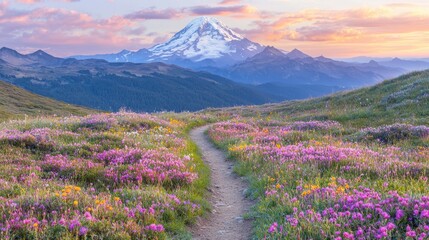 Scenic Mountain Landscape with Colorful Wildflowers at Sunset